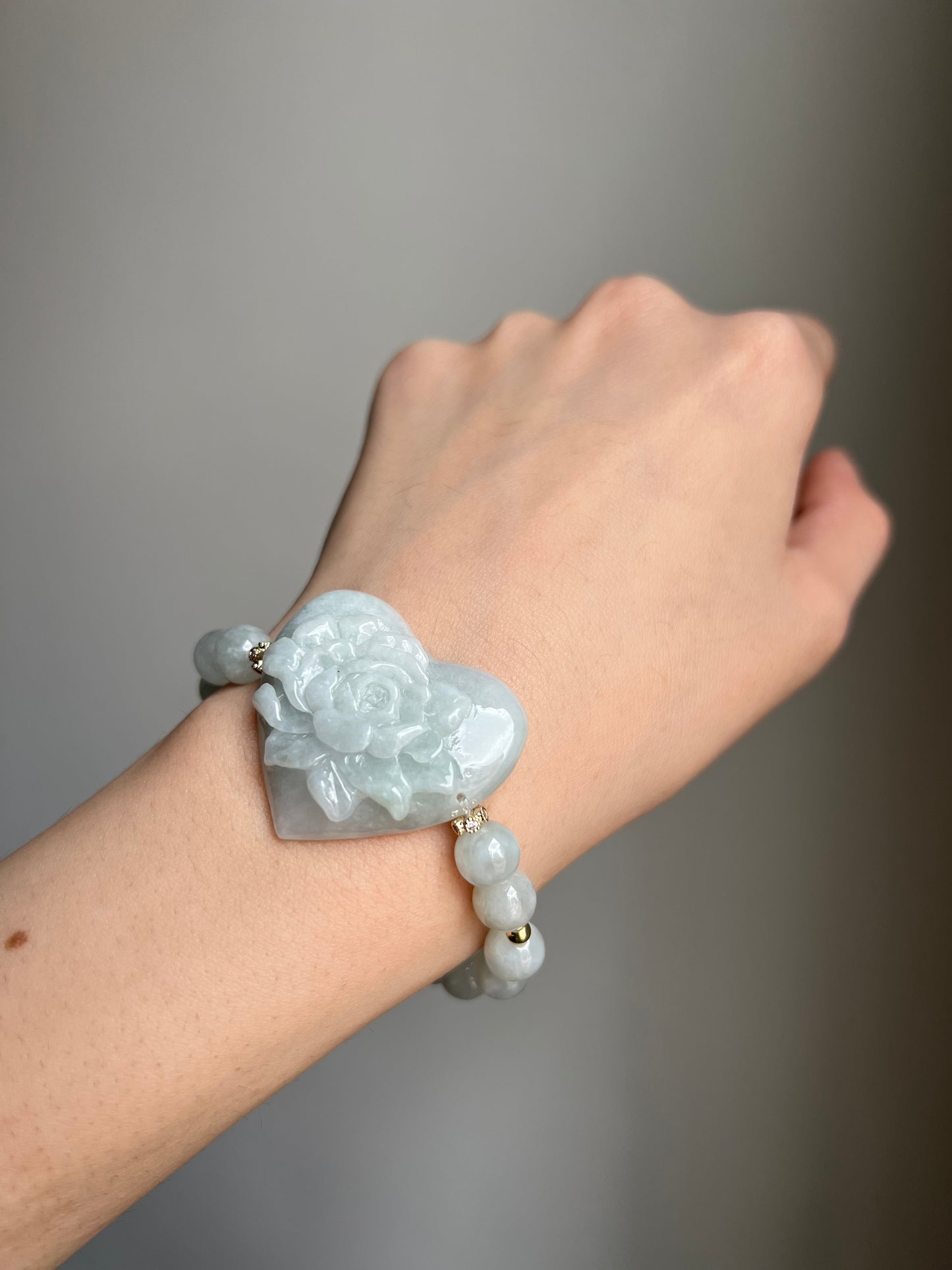 “garden of grace” pale green jadeite flower & heart bracelet