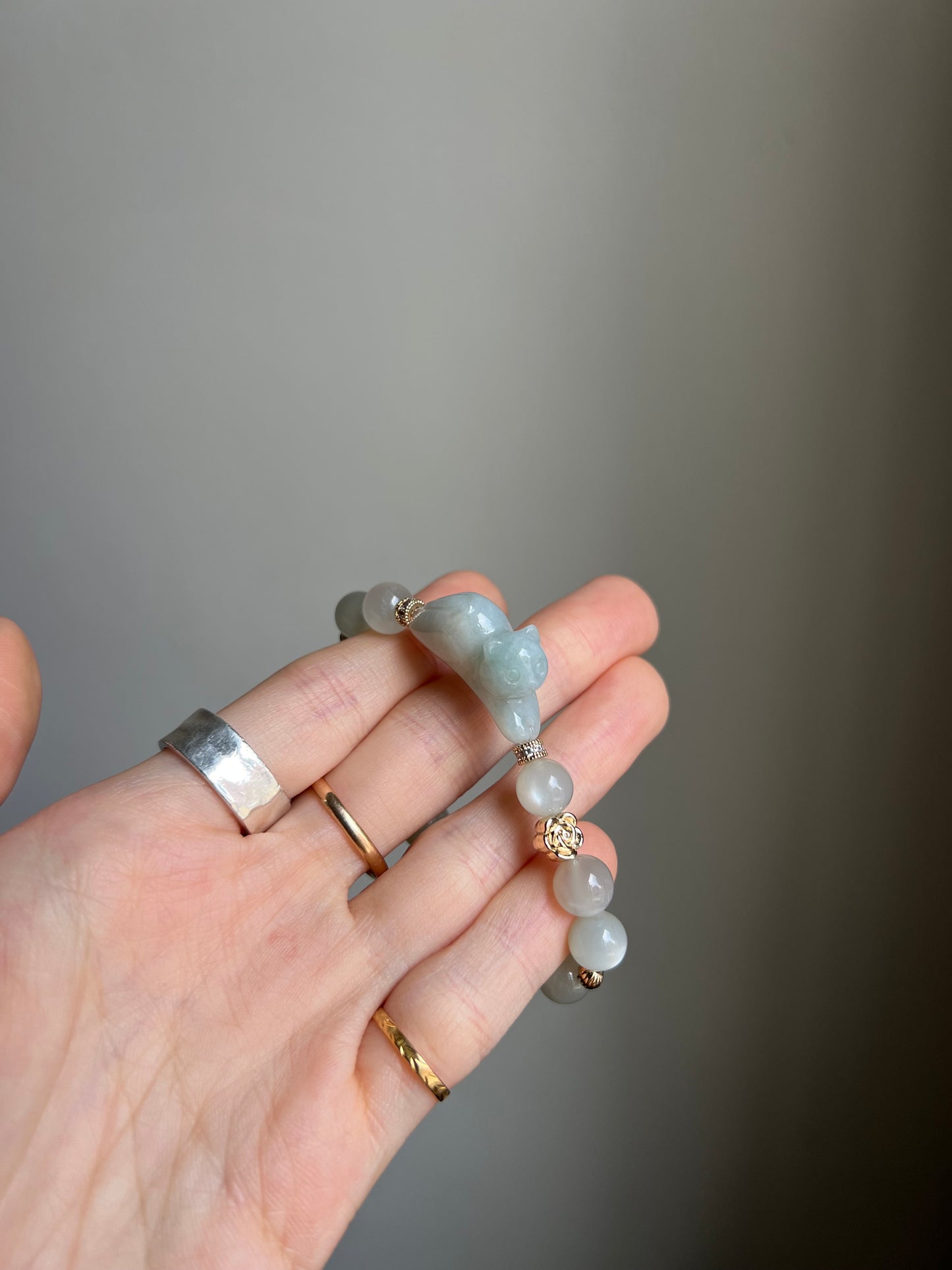 "playtime" white and green jadeite cat bracelet #03