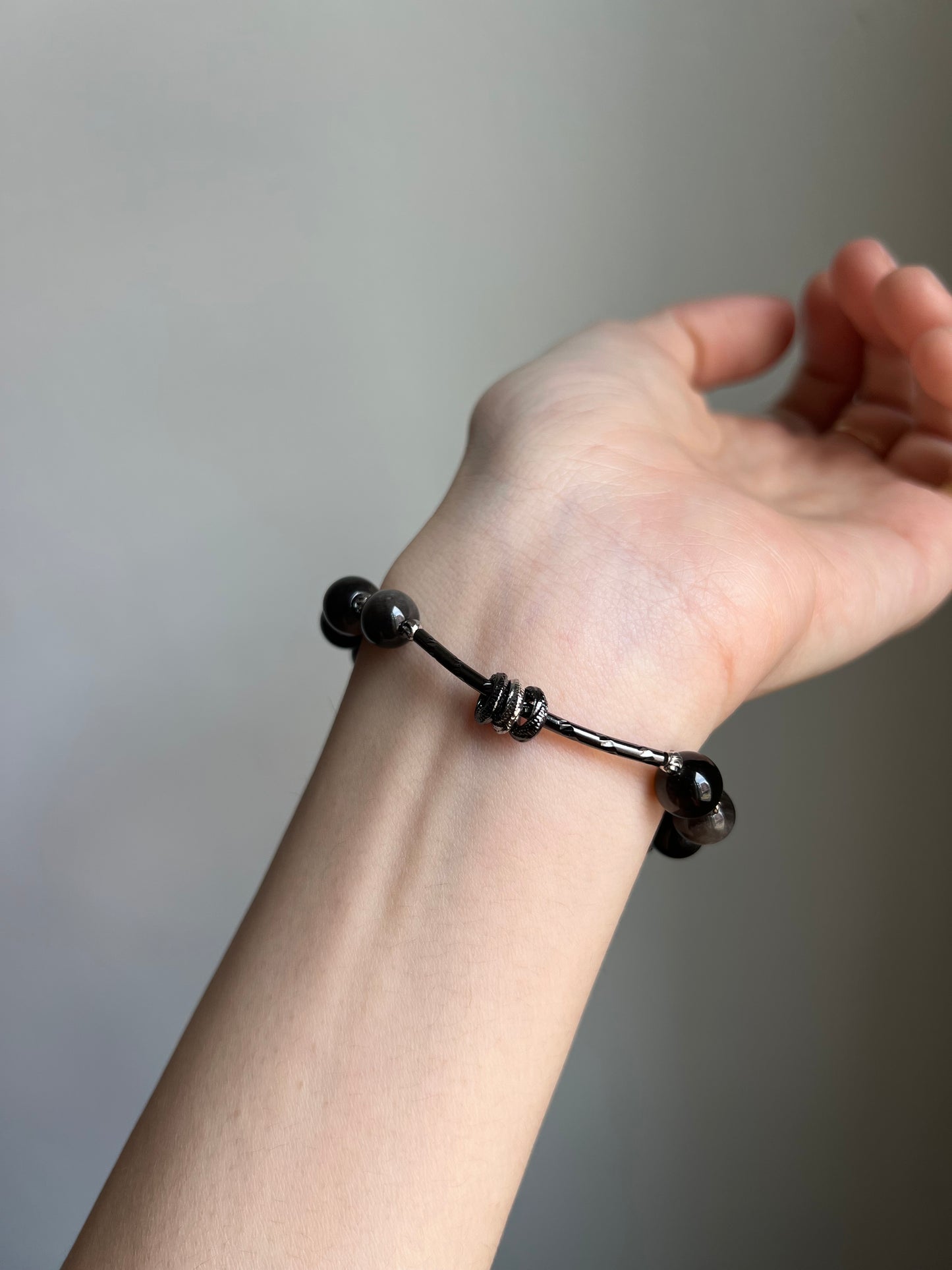 "night zoomies" silver obsidian cat bracelet