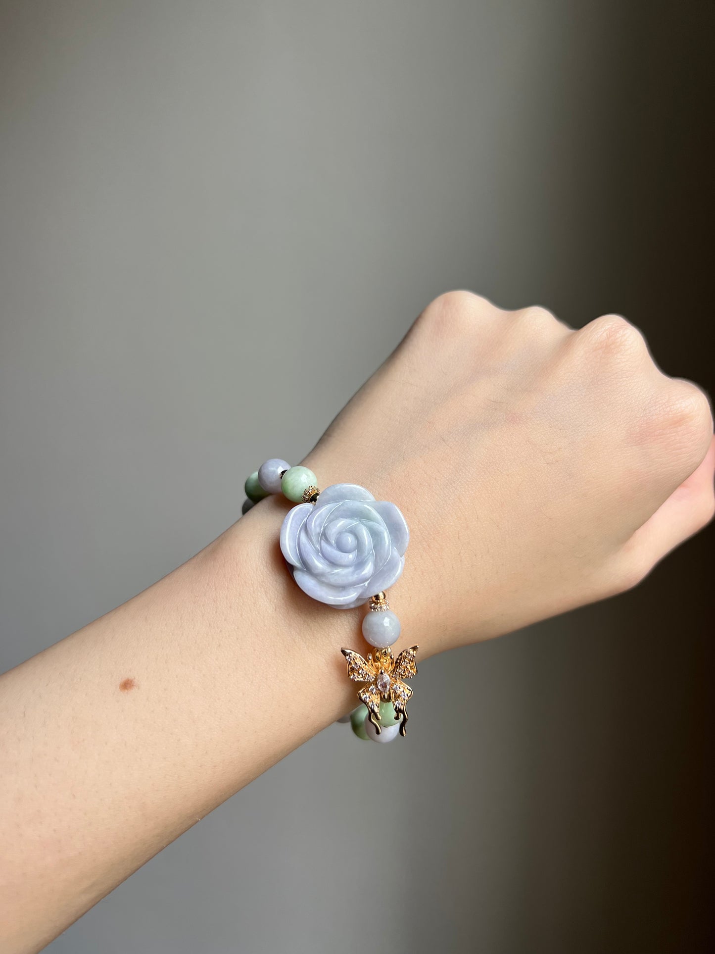 “love’s a game” green x lavender jadeite rose & butterfly bracelet