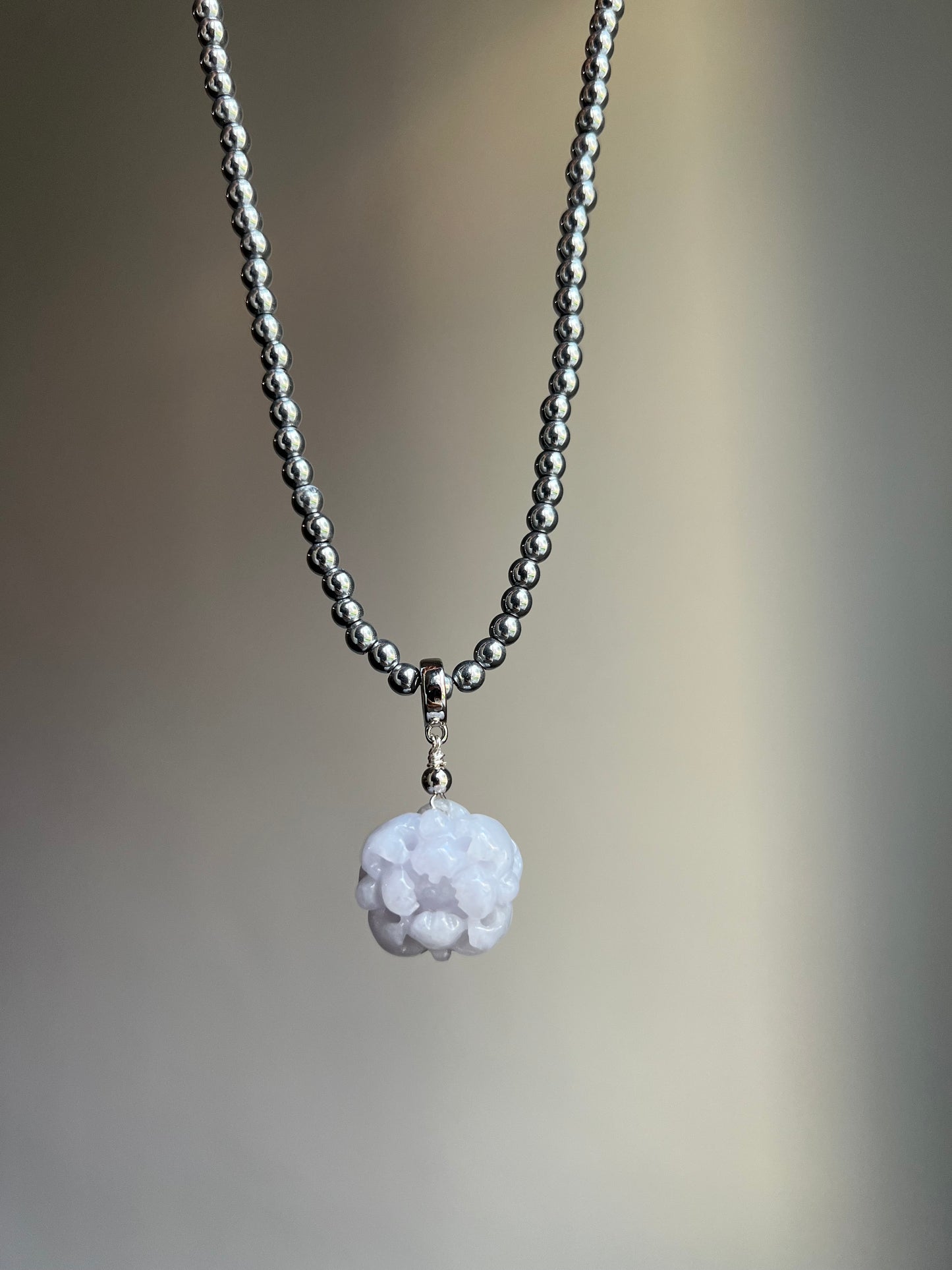 "lavender luck" lavender jadeite peony flower + terahertz necklace