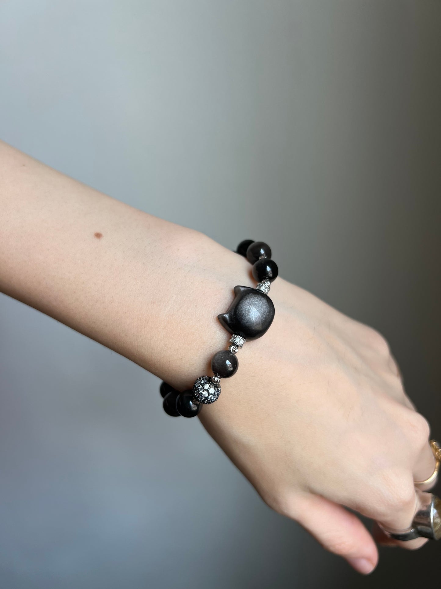 "night zoomies" silver obsidian cat bracelet