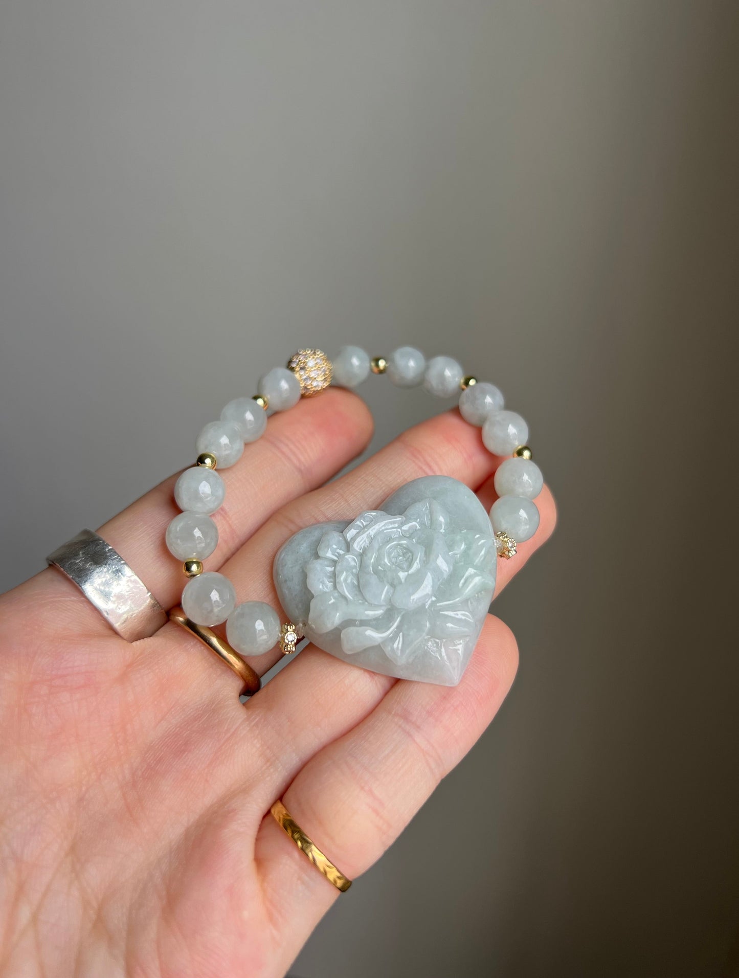 “garden of grace” pale green jadeite flower & heart bracelet