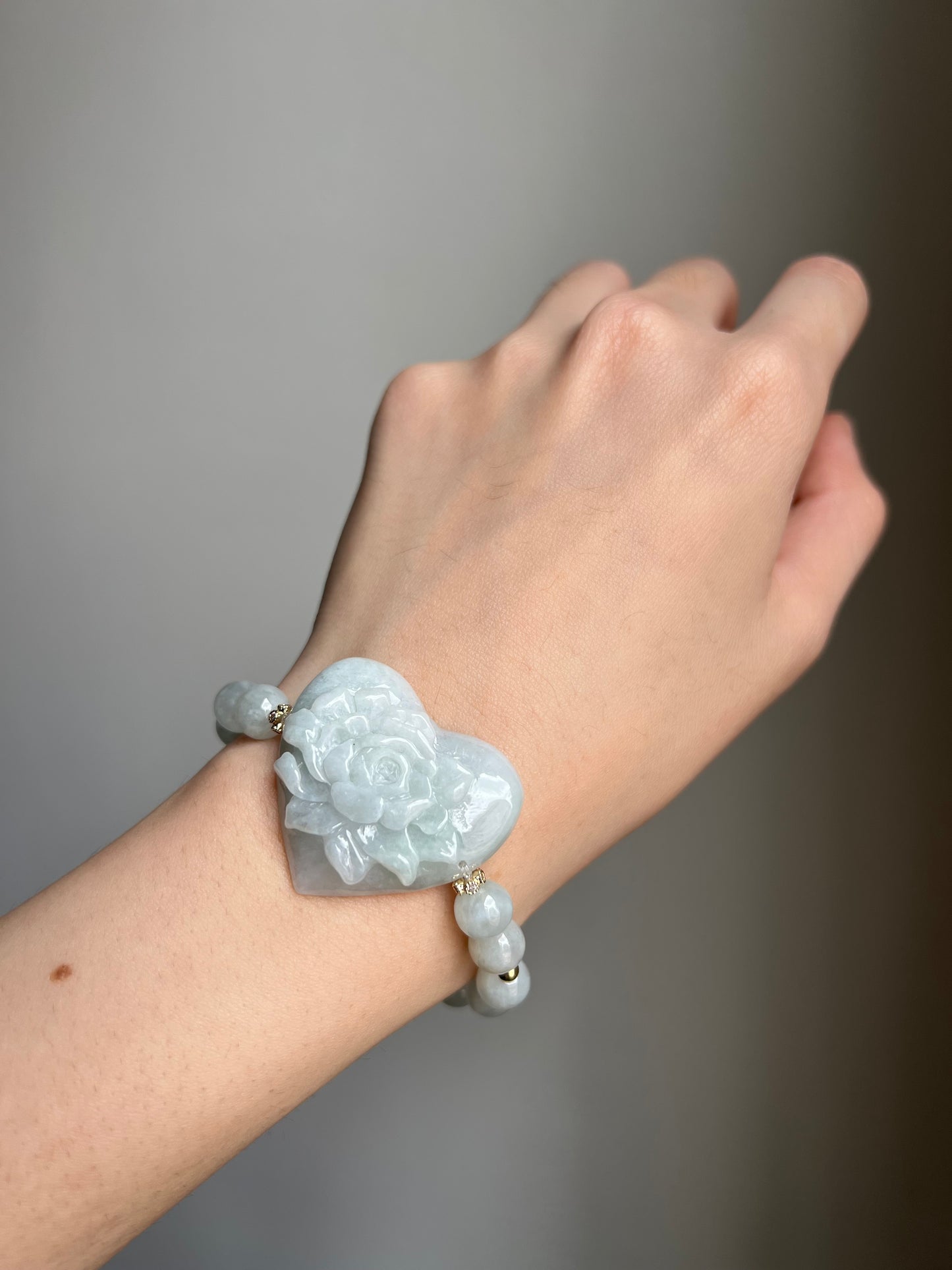 “garden of grace” pale green jadeite flower & heart bracelet