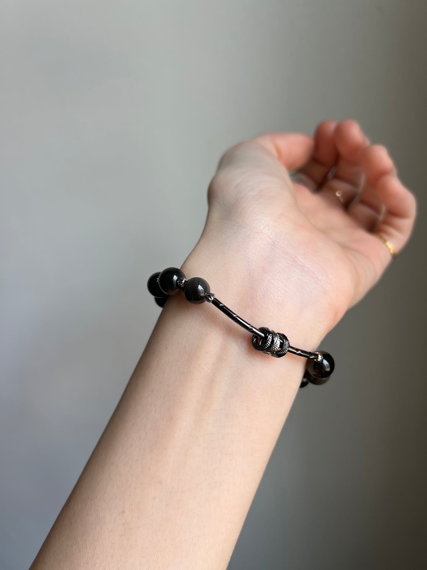 "night zoomies" silver obsidian cat bracelet