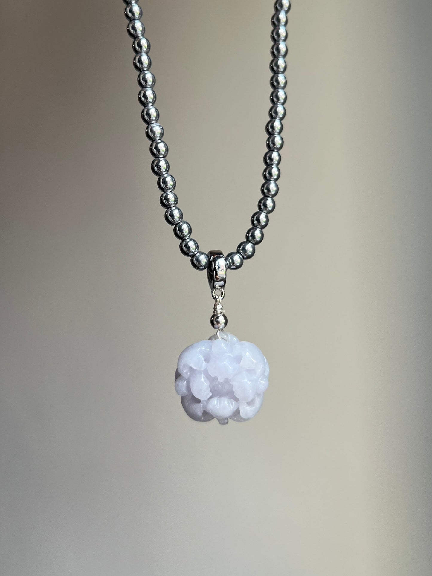 "lavender luck" lavender jadeite peony flower + terahertz necklace