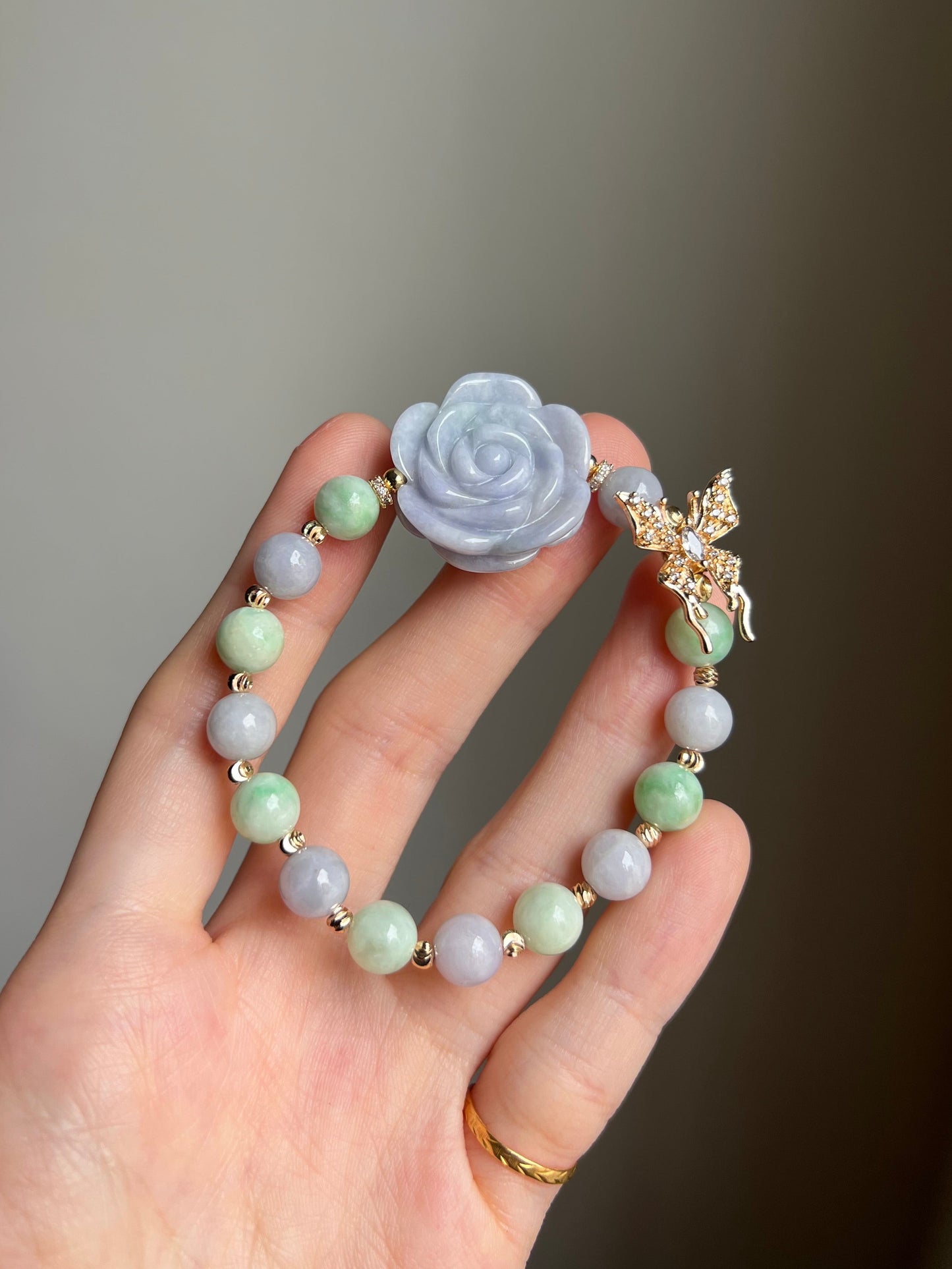 “love’s a game” green x lavender jadeite rose & butterfly bracelet