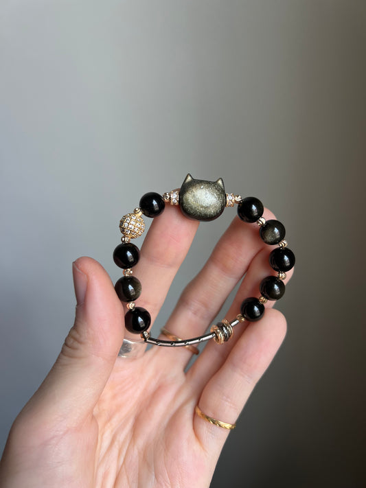 "night zoomies" gold obsidian cat bracelet