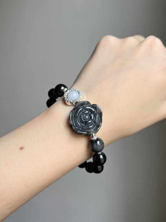 “double blessings” black x white x wuji jadeite rose bracelet