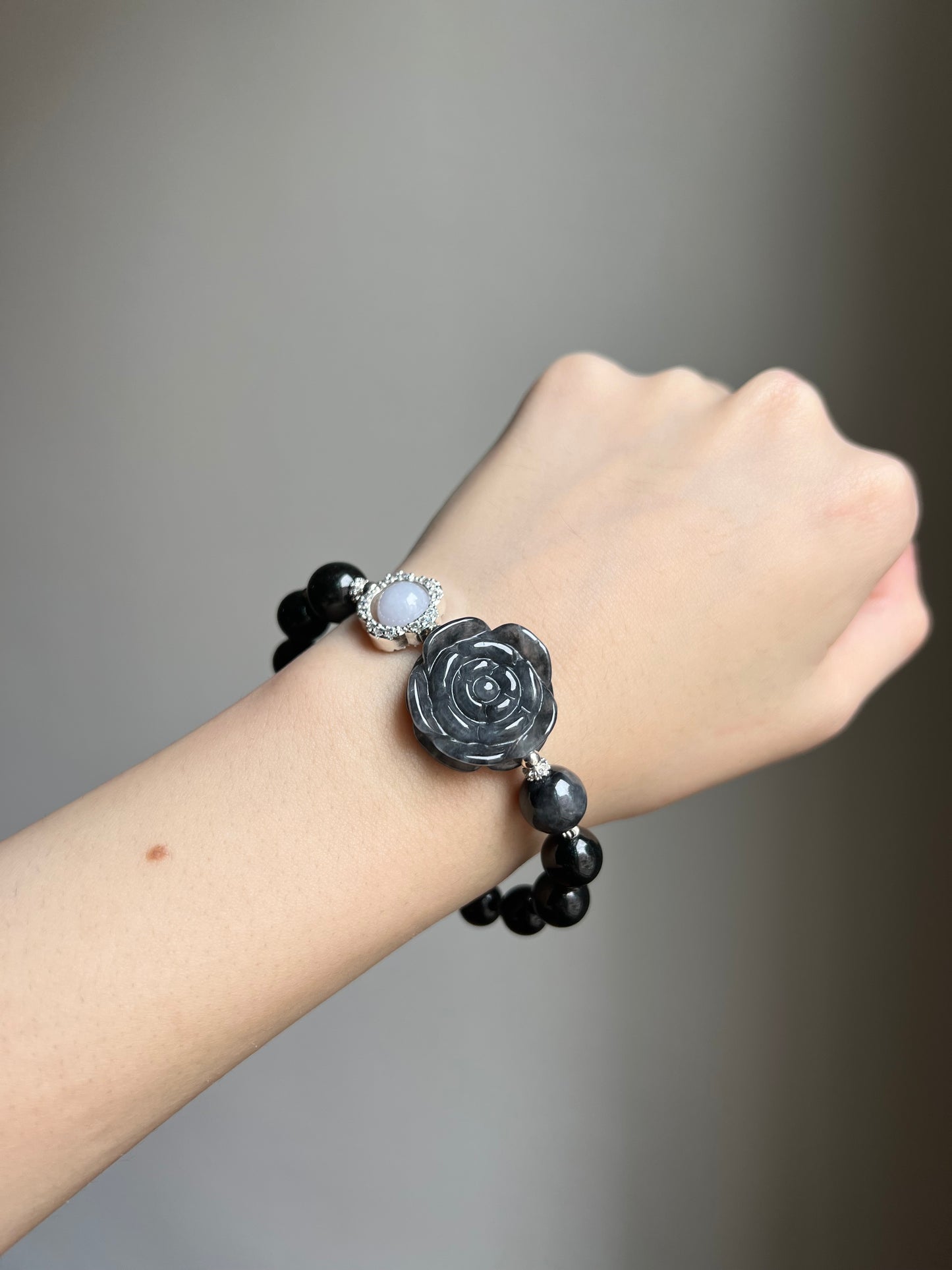 “double blessings” black x white x wuji jadeite rose bracelet
