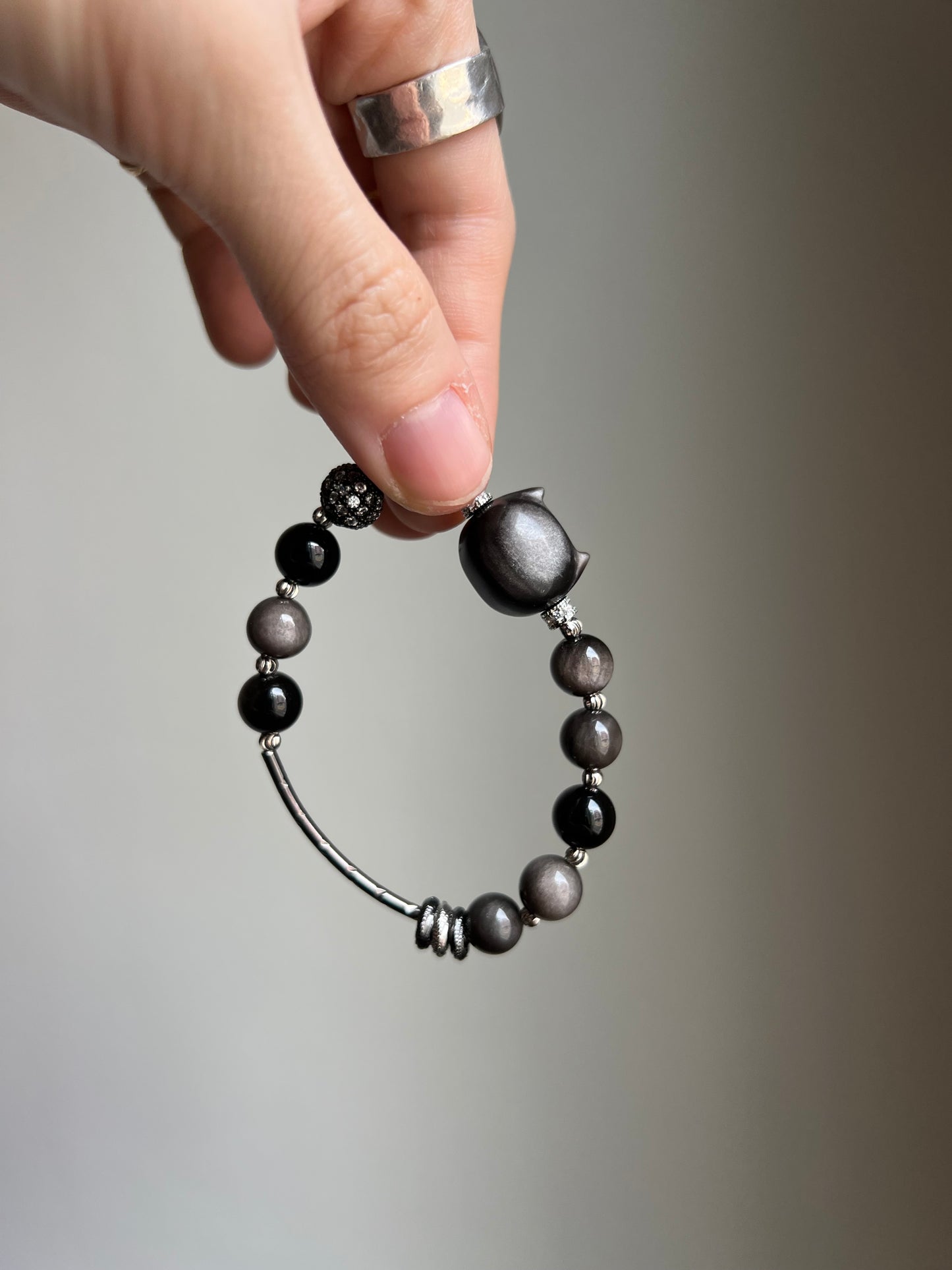 "night zoomies" silver obsidian cat bracelet