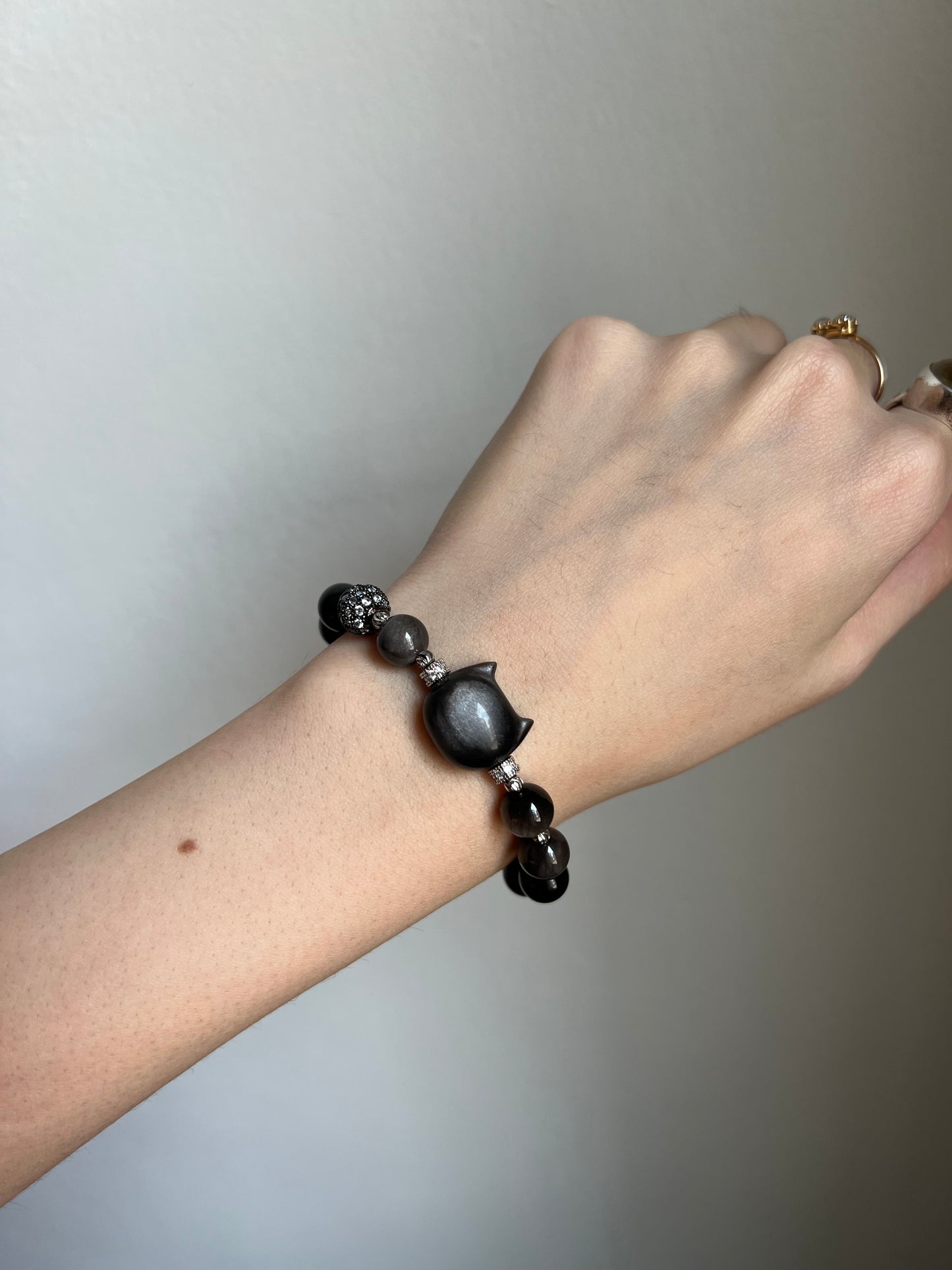 "night zoomies" silver obsidian cat bracelet
