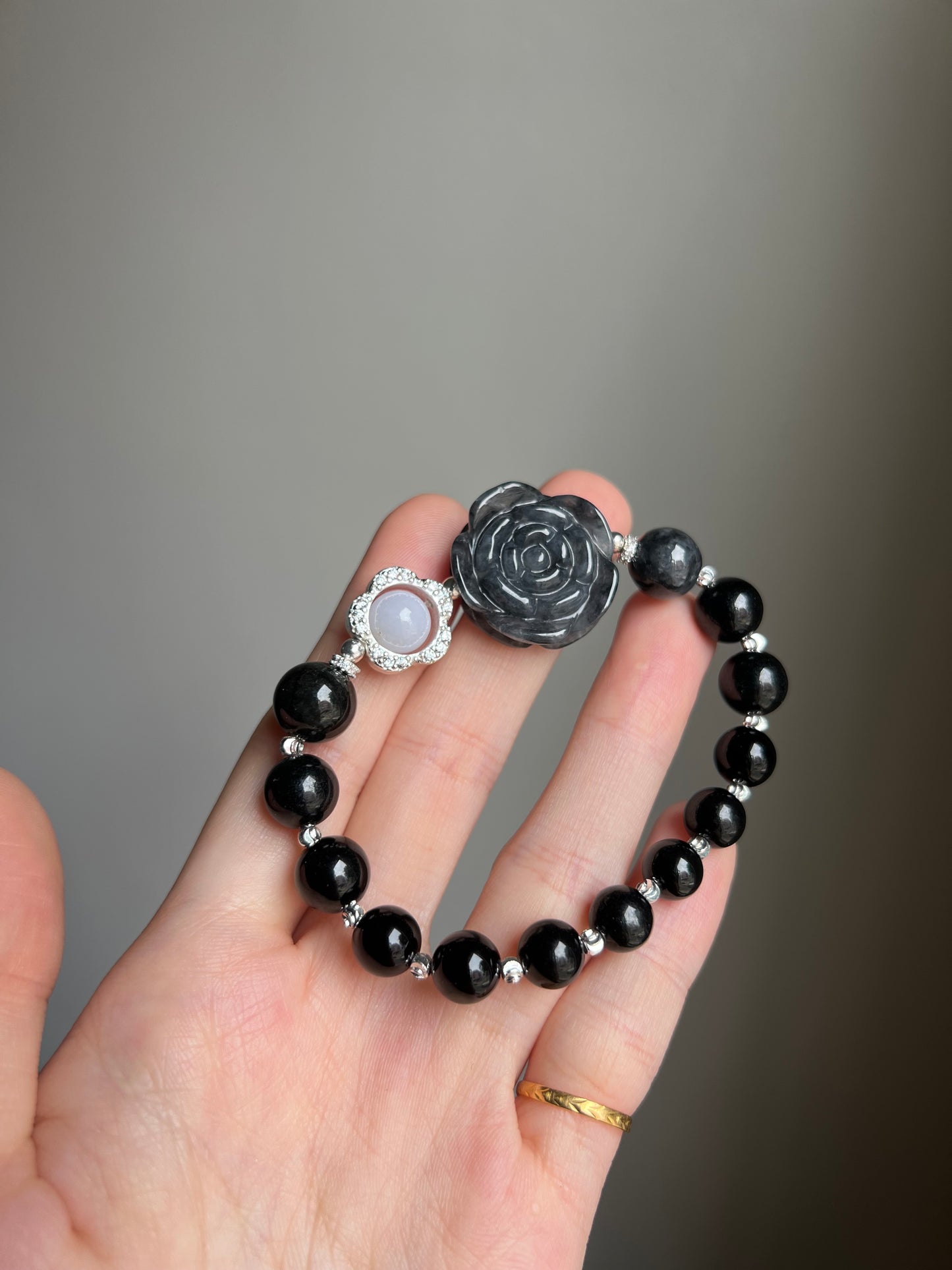 “double blessings” black x white x wuji jadeite rose bracelet