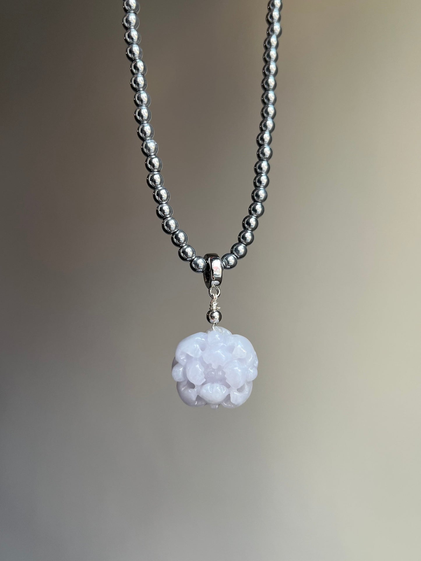 "lavender luck" lavender jadeite peony flower + terahertz necklace