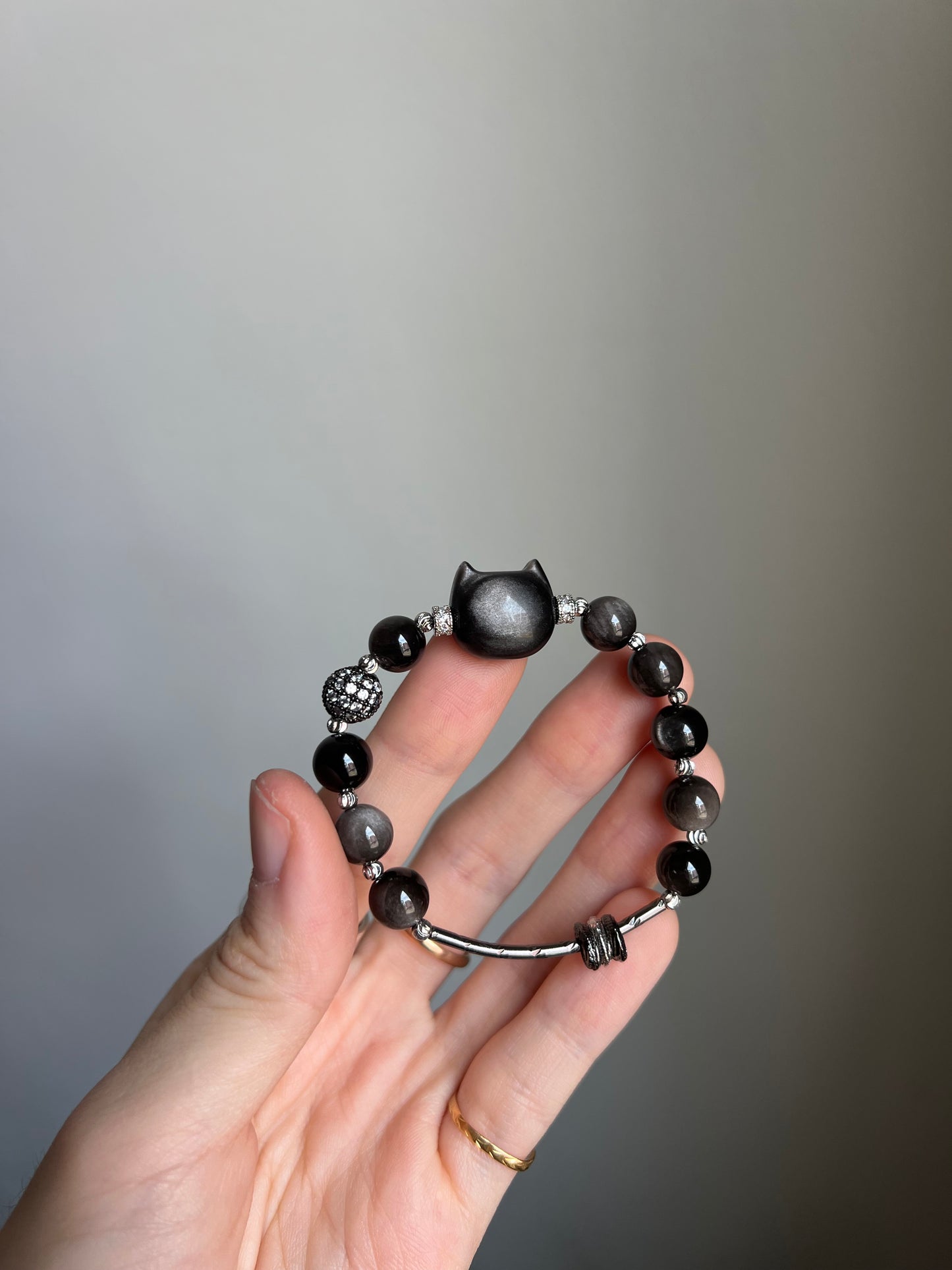 "night zoomies" silver obsidian cat bracelet