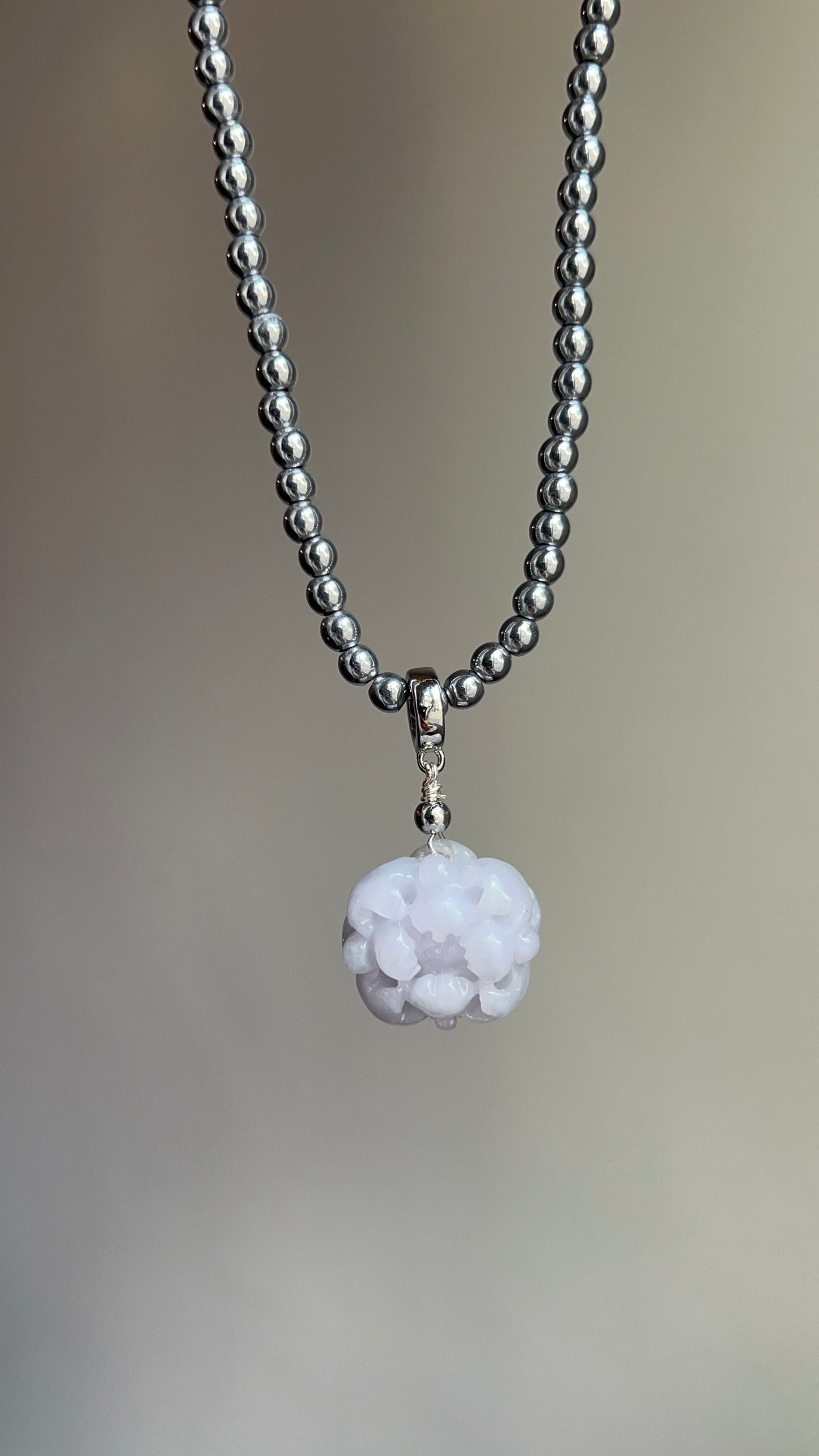 "lavender luck" lavender jadeite peony flower + terahertz necklace