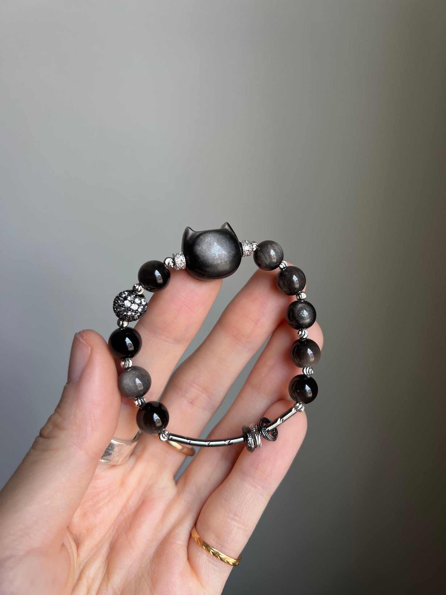 "night zoomies" silver obsidian cat bracelet
