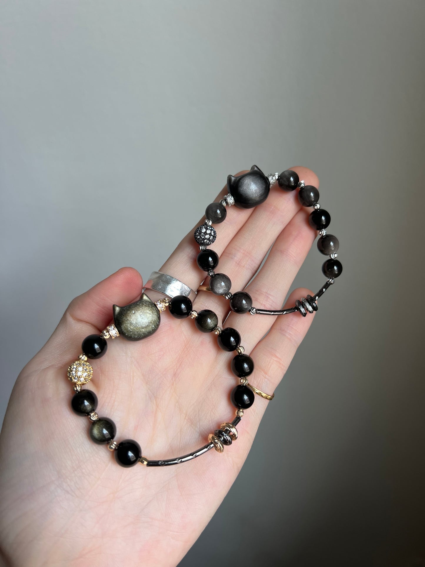 "night zoomies" silver obsidian cat bracelet