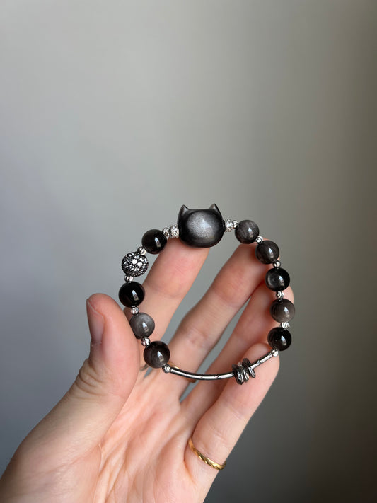 "night zoomies" silver obsidian cat bracelet