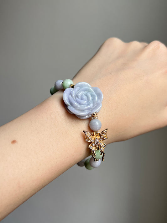 “love’s a game” green x lavender jadeite rose & butterfly bracelet