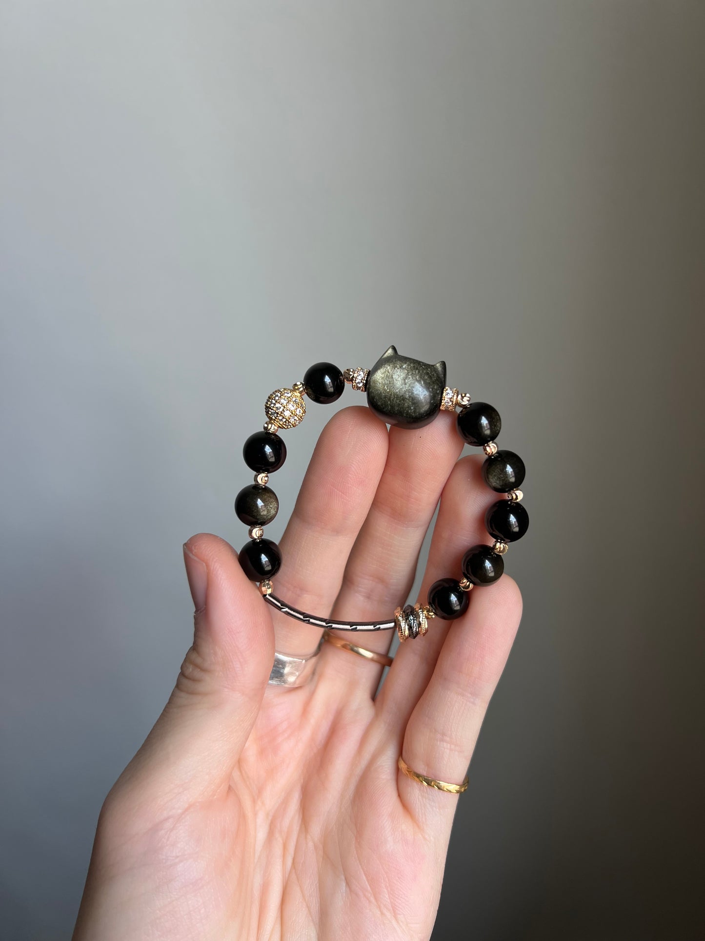"night zoomies" gold obsidian cat bracelet